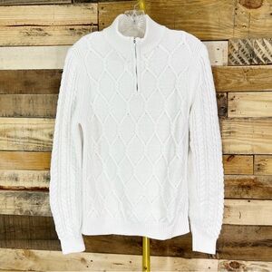 Reiss White Cable Knit Popover Quarter Zip Sweater Cashmere Cotton Blend